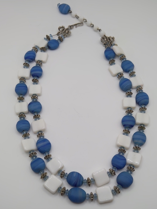 Hobe Jewelry - Hobé Blue Art Glass and White Milk Glass Double Strand Necklace